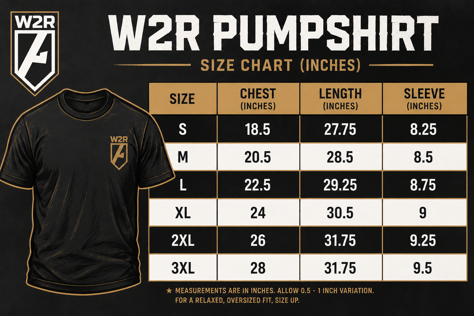 size chart pump shirt