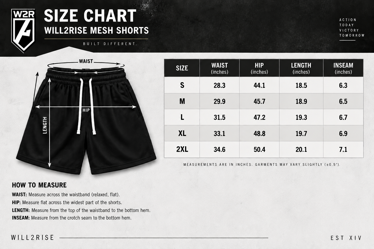 size chart shorts mesh